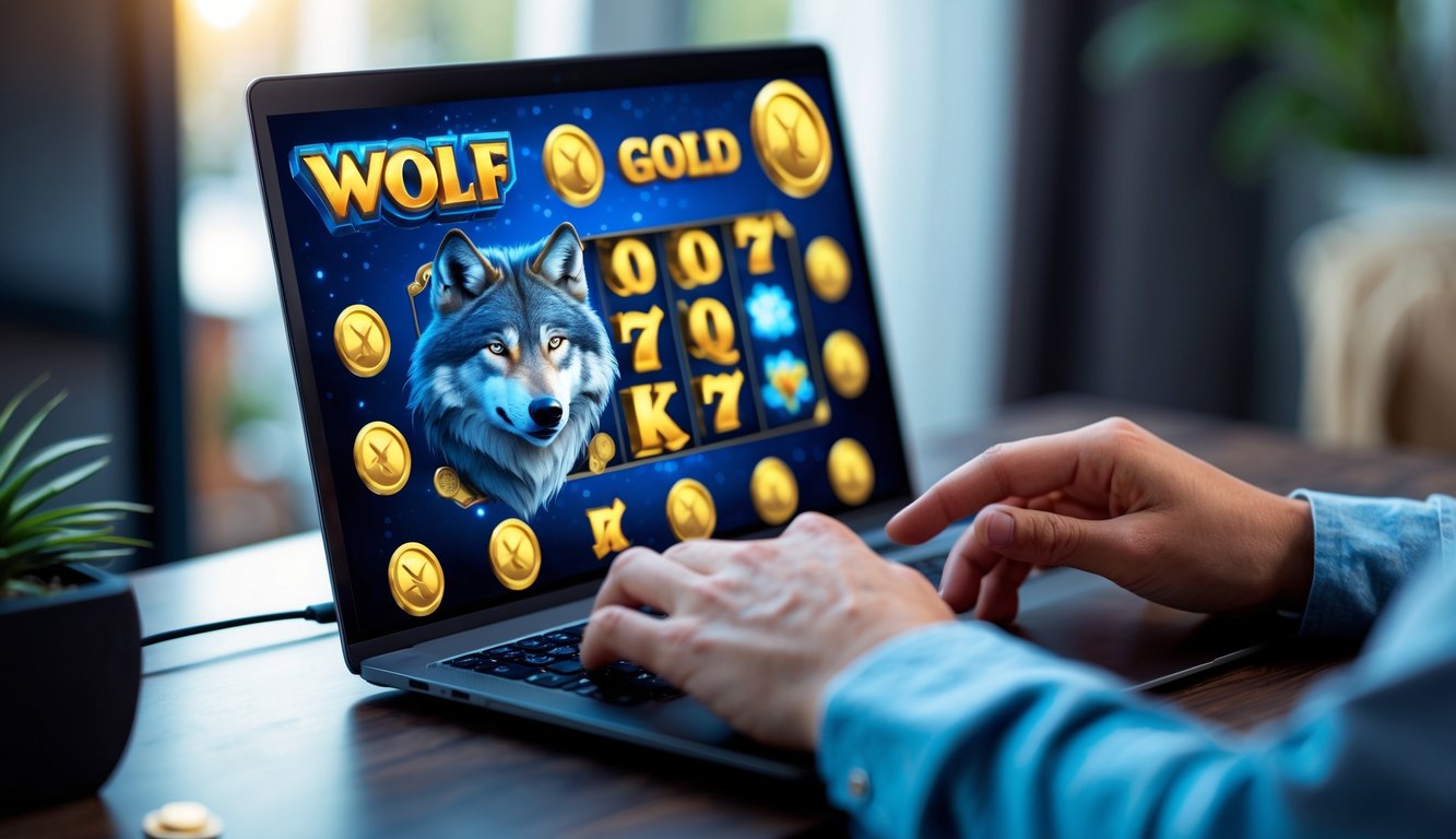 Seseorang menggunakan laptop dengan layar menampilkan permainan slot Wolf Gold dengan simbol serigala dan koin emas.