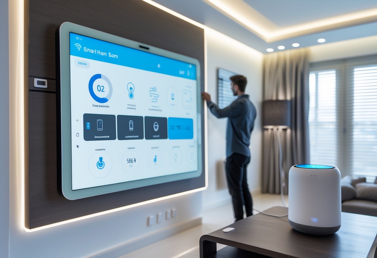 A modern living room with smart home devices including a touchscreen control panel, smart speaker, automated blinds, and thermostat.