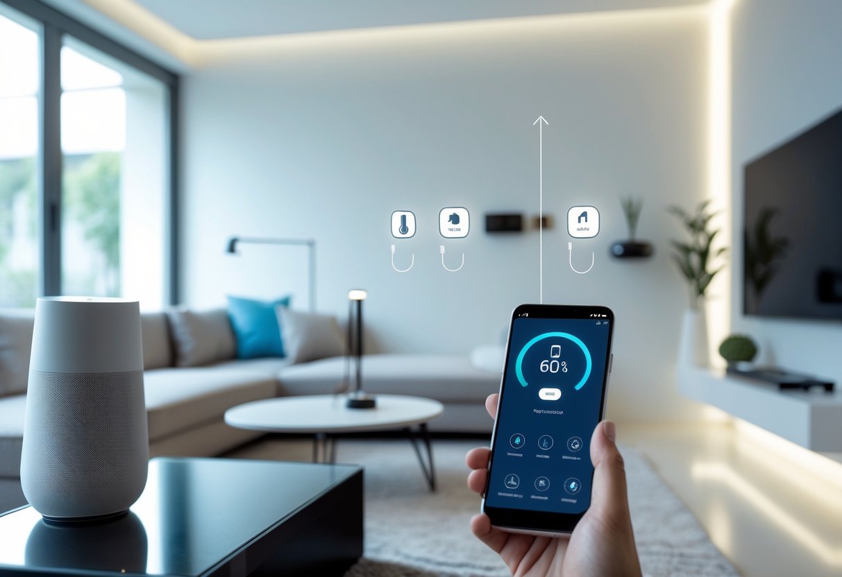 A modern living room with smart home devices including a voice assistant, smart thermostat, and smart lighting, with a person using a smartphone to control them.