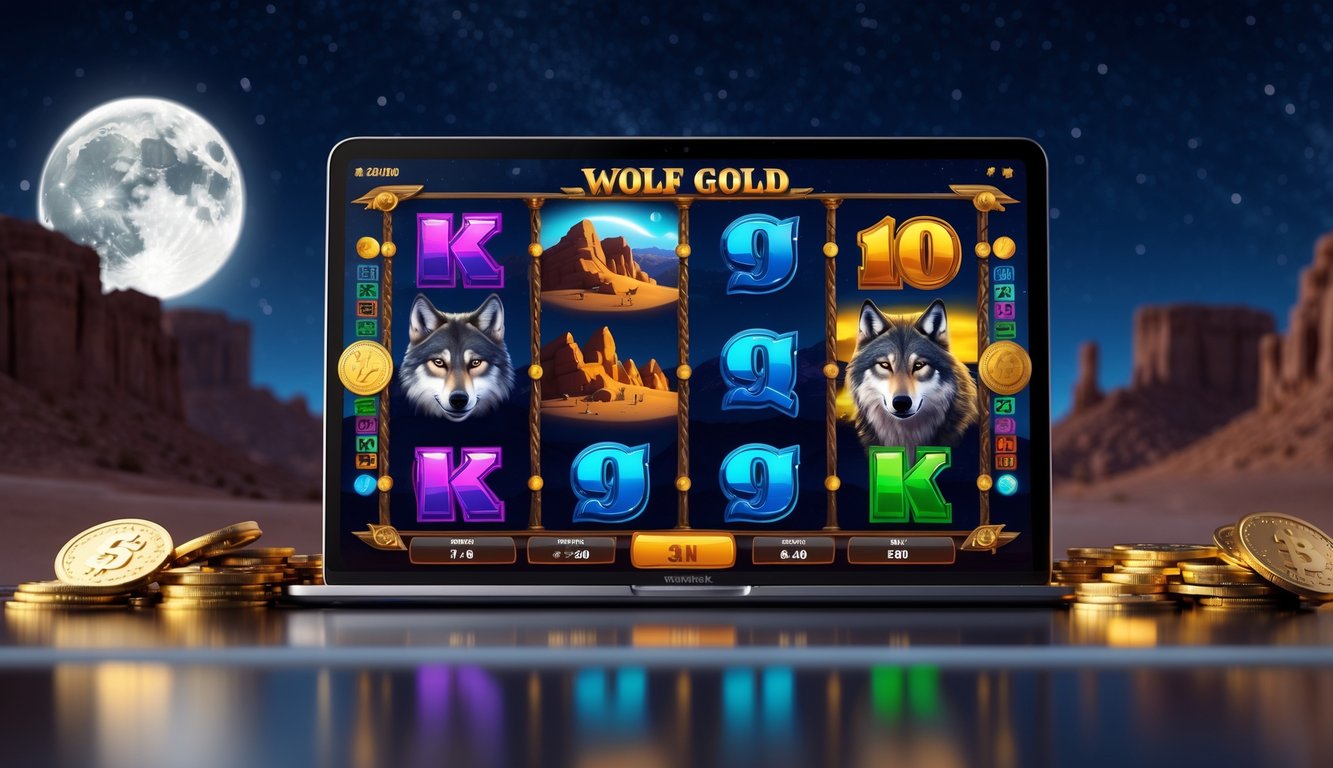 Tampilan layar perangkat dengan permainan slot Wolf Gold yang menampilkan simbol serigala dan koin emas di latar padang pasir malam hari.