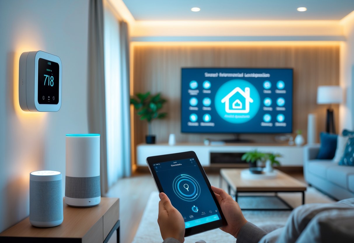 A modern living room with smart home devices including a thermostat, smart lights, a smart speaker, and a person using a tablet to control the system.