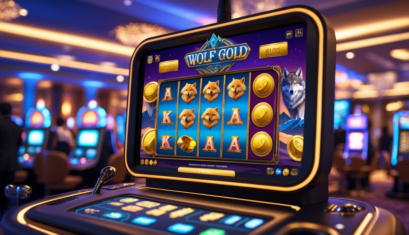 Layar mesin slot digital dengan simbol serigala dan koin emas di latar kasino yang mewah dan pencahayaan lembut.