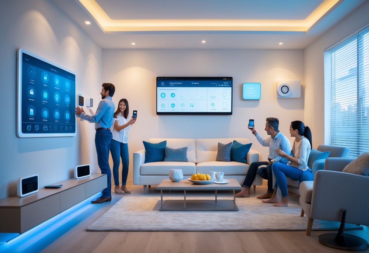 A modern living room with smart home devices including a touchscreen control panel, smart lights, voice-activated speakers, and automated blinds, with people interacting with the technology.
