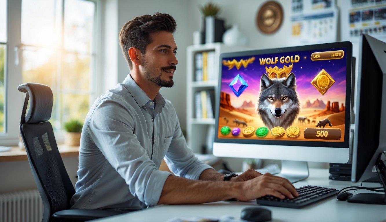 Seorang pria muda duduk di meja kerja dengan komputer yang menampilkan permainan slot bertema Wolf Gold, di ruangan yang terang dan rapi.