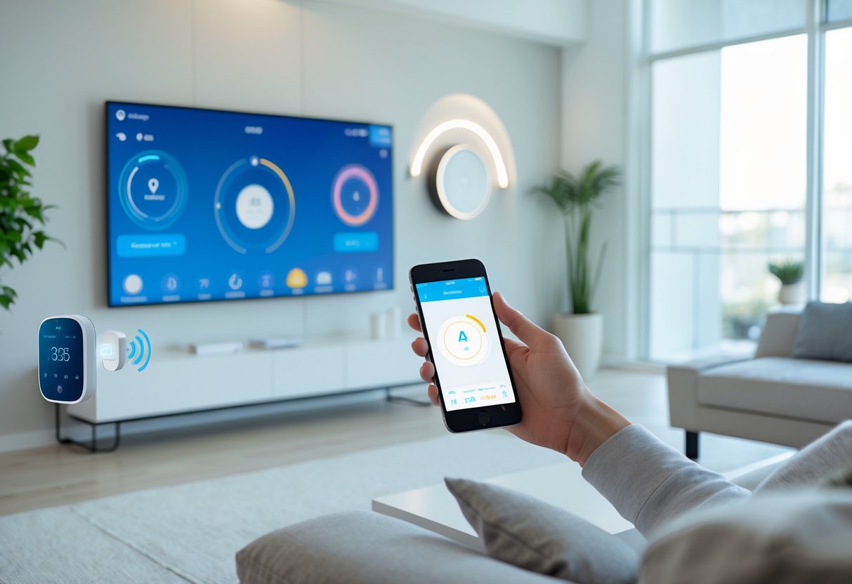 A modern living room with smart home devices including a thermostat, smart speaker, smart lighting, and a person using a smartphone to control them.