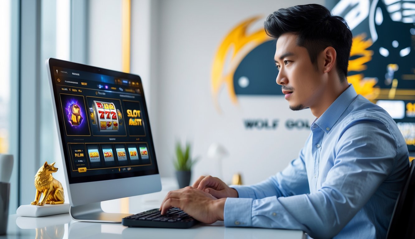 Seorang pria muda duduk di meja dengan laptop yang menampilkan permainan slot, terlihat fokus dan serius dalam memilih agen slot online terpercaya.