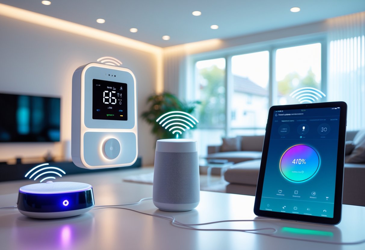 Modern living room with various smart home devices connected and working together, including a thermostat, smart speaker, smart lighting, and a tablet showing home automation controls.