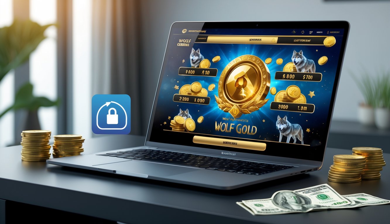Seorang pria menggunakan laptop dengan tampilan permainan slot bertema Wolf Gold, di meja kerja yang rapi dengan uang rupiah dan ikon keamanan di layar.