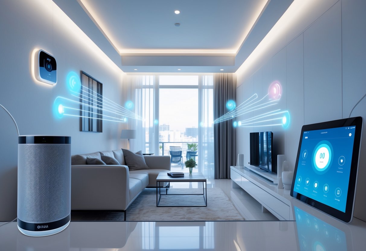 Modern living room with various smart home devices connected wirelessly, including a voice assistant, smart thermostat, tablet, and smart lighting.
