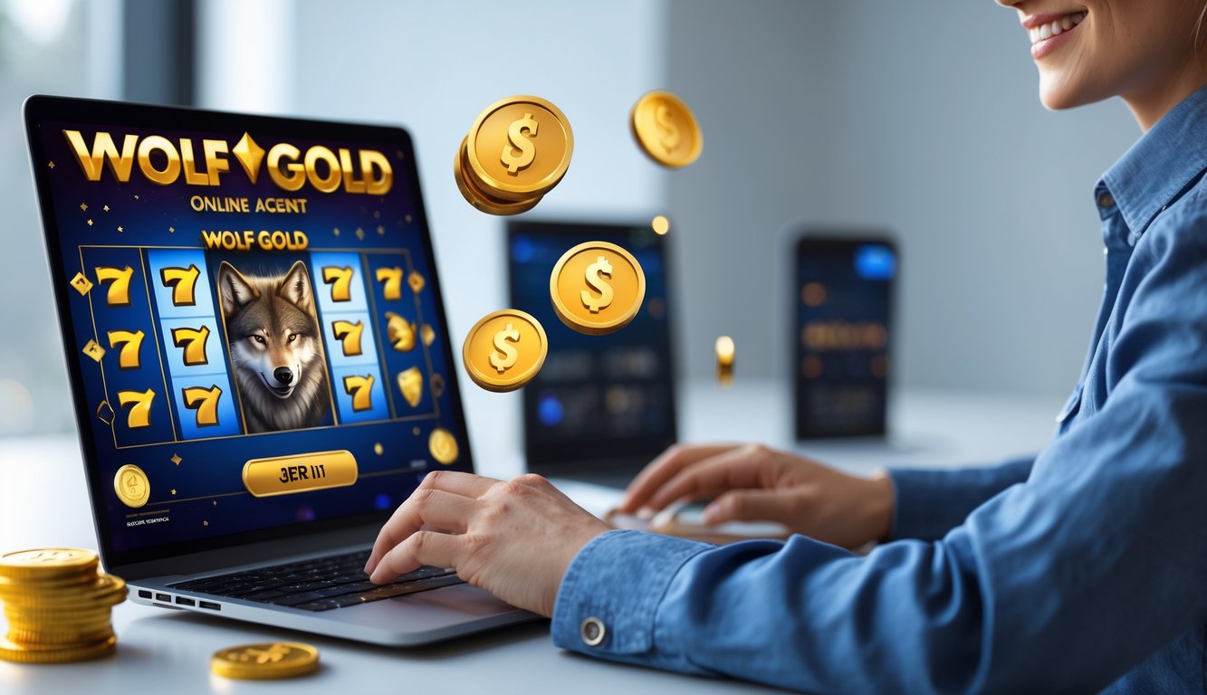 Seorang pria tersenyum menggunakan laptop di meja kerja modern dengan tampilan permainan slot bertema serigala dan emas di layar.