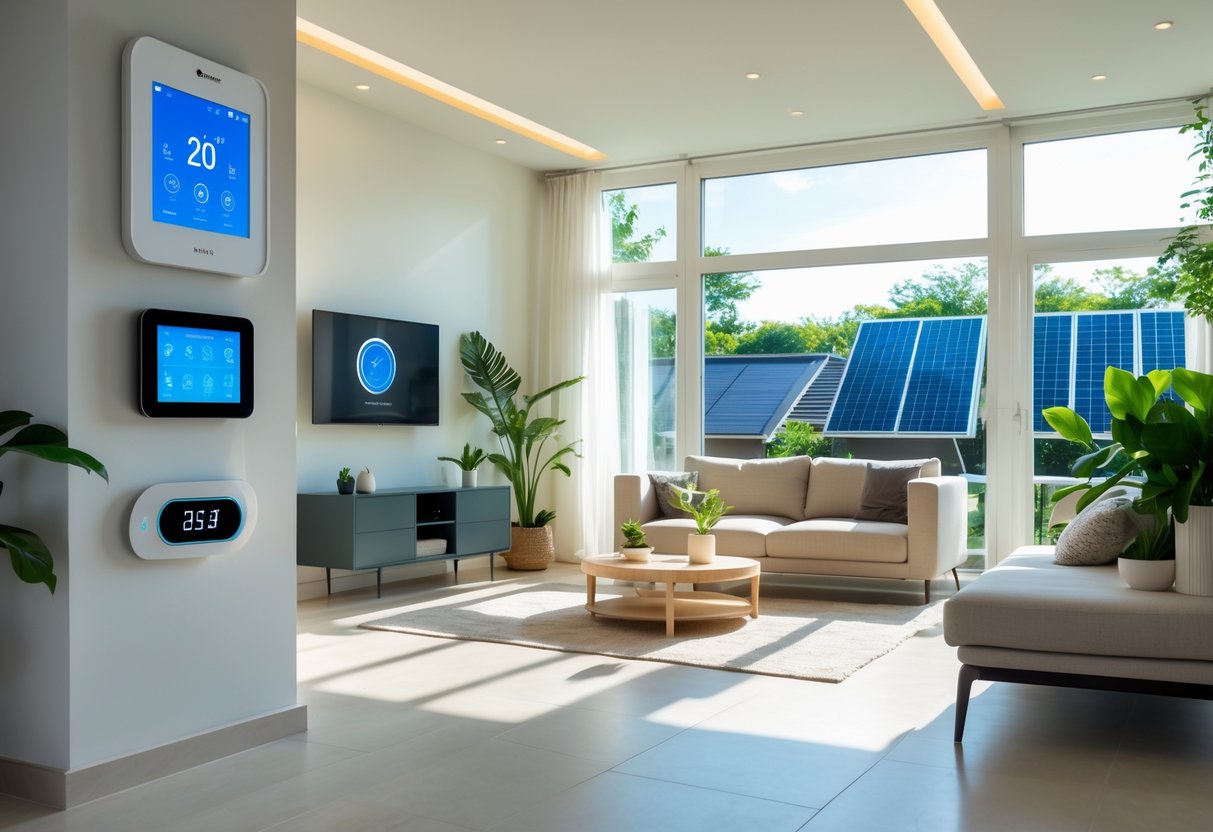 A bright living room with smart home devices, indoor plants, and solar panels visible through the windows.