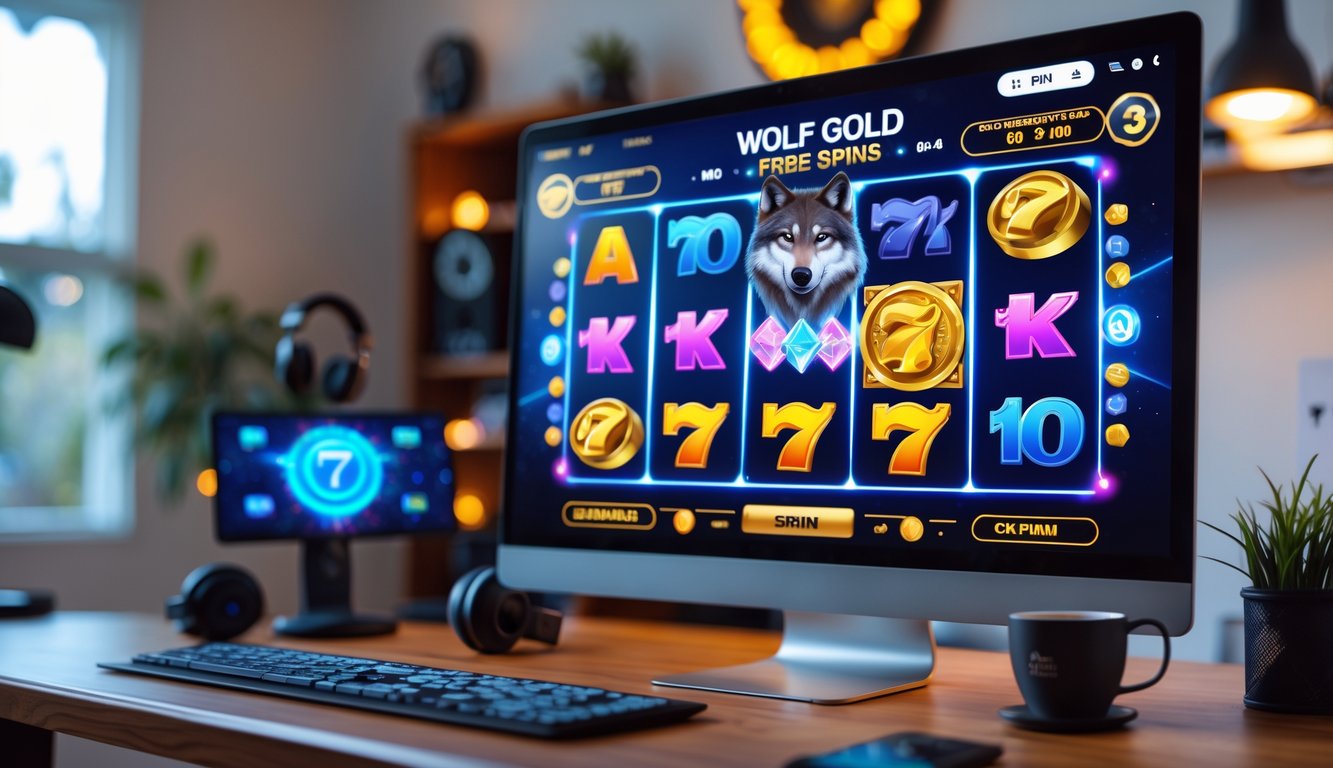 Tampilan mesin slot digital bertema serigala emas dengan simbol berwarna cerah pada layar komputer dan ponsel di meja kayu di ruang kerja yang nyaman.