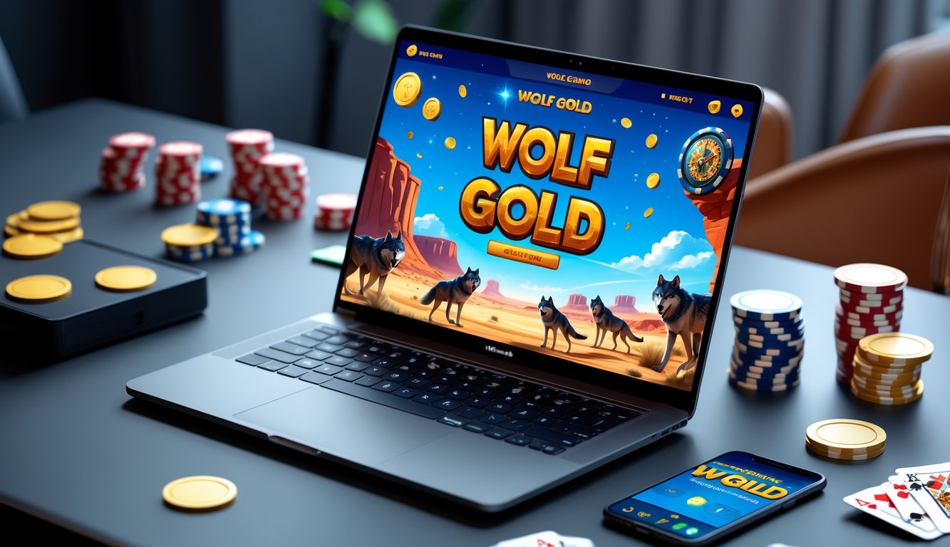 Seseorang menggunakan komputer dengan tampilan permainan slot Wolf Gold yang penuh warna di layar, dikelilingi oleh chip poker dan kartu remi di atas meja.