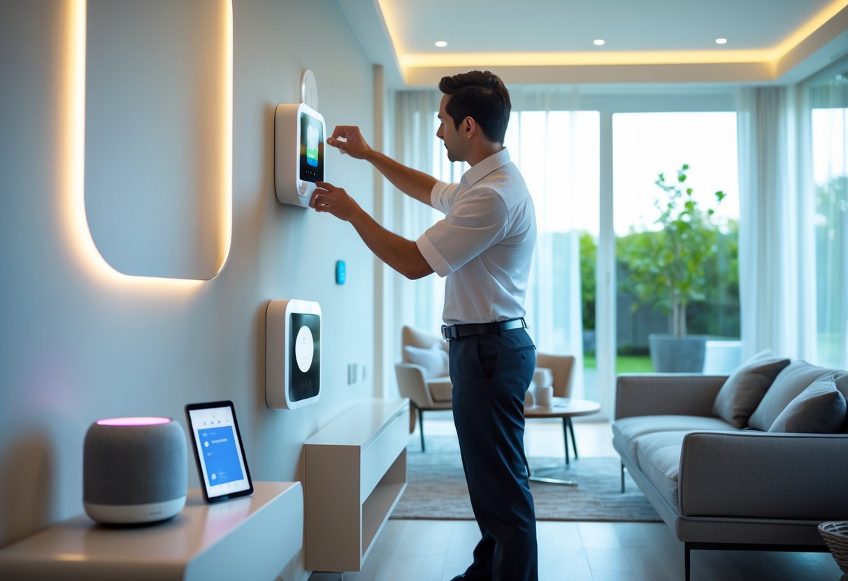 A technician installs a smart thermostat in a modern living room while a homeowner watches, with smart devices and natural light in the background.