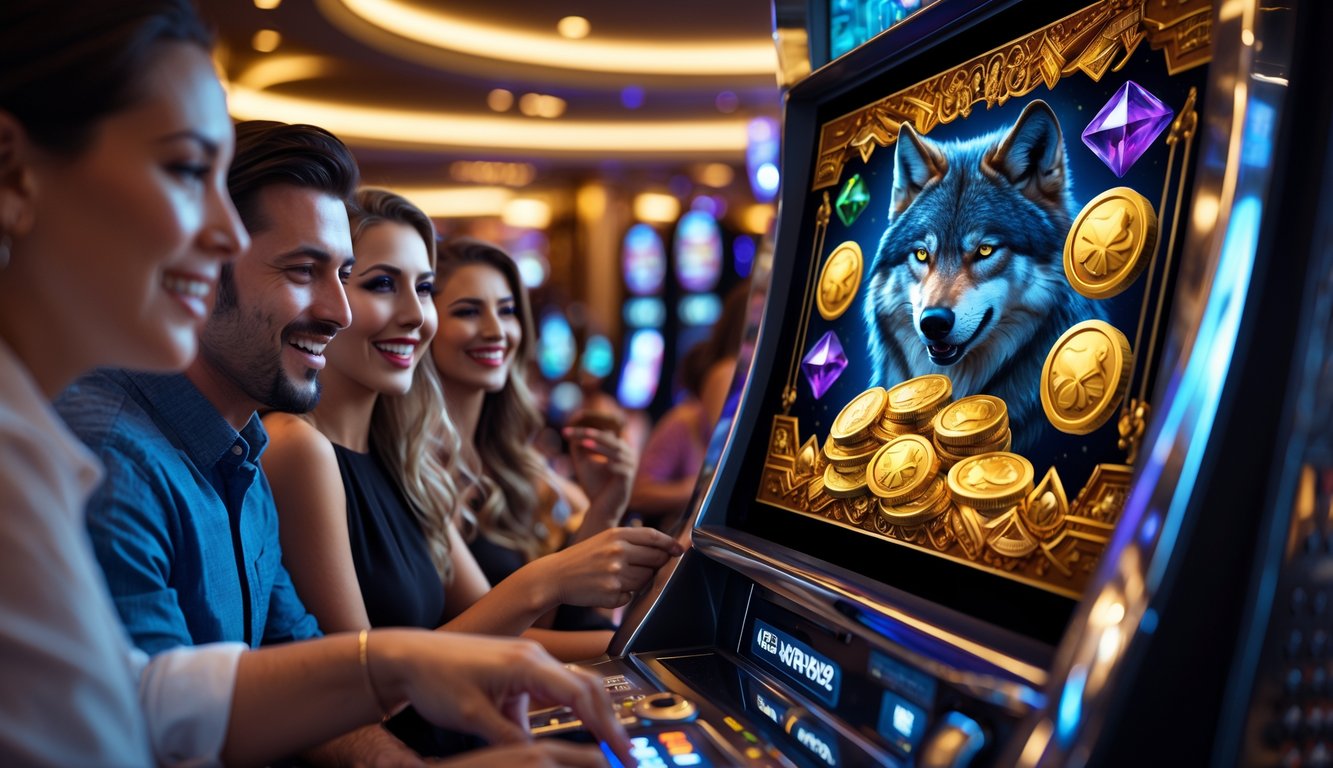 Orang-orang bermain mesin slot digital dengan tema serigala dan harta karun emas di kasino modern yang mewah.