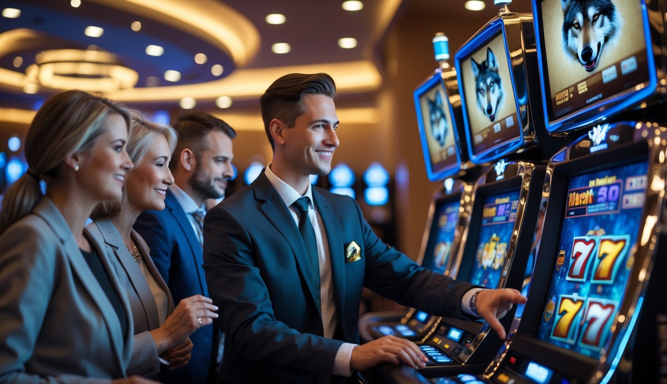 Seorang pegawai kasino profesional membantu beberapa pemain dewasa yang sedang bermain mesin slot bertema serigala di lingkungan kasino modern.
