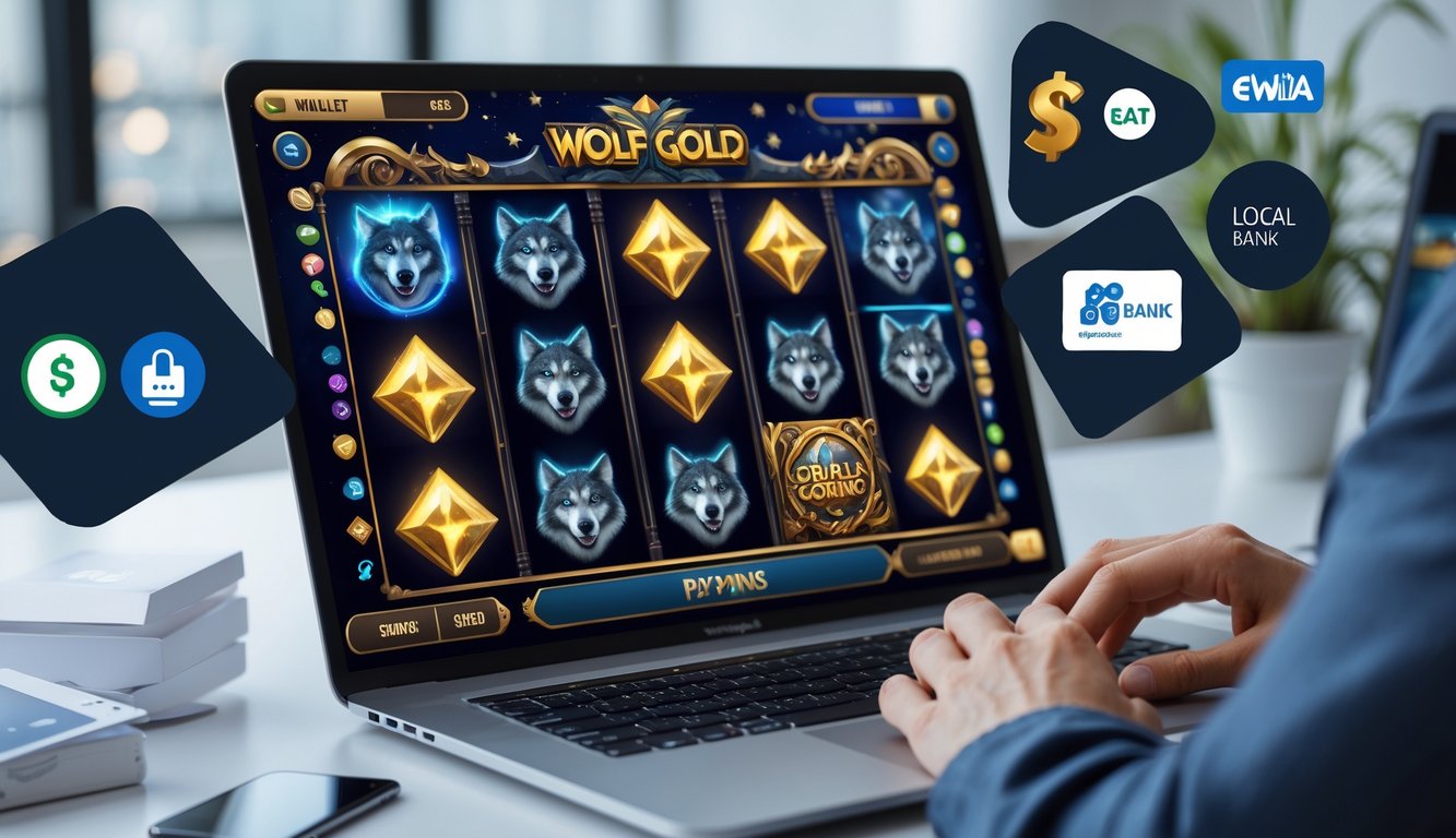 Seseorang menggunakan komputer dengan tampilan permainan slot bertema serigala dan simbol emas, dikelilingi ikon dompet elektronik dan bank lokal.