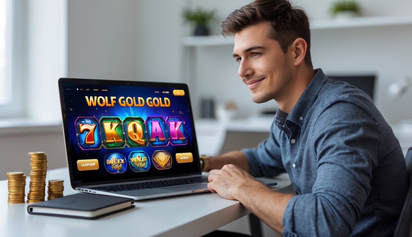 Seorang pria muda duduk di meja dengan laptop yang menampilkan permainan slot online, di sekitar meja terdapat tumpukan koin kecil dan catatan anggaran.
