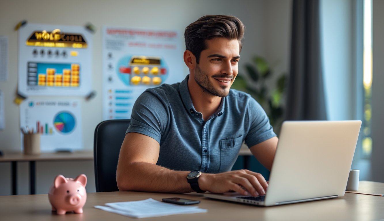 Seorang pria muda duduk di depan laptop dengan tampilan permainan slot online di layar, di ruangan yang terang dan rapi dengan elemen yang menunjukkan strategi dan keberhasilan.