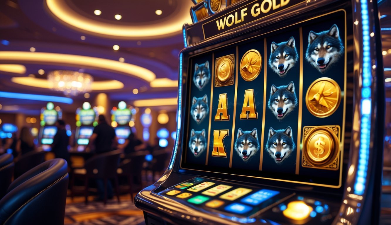 Suasana kasino modern dengan mesin slot bertema Wolf Gold dan pemain yang sedang bermain dengan antusias.