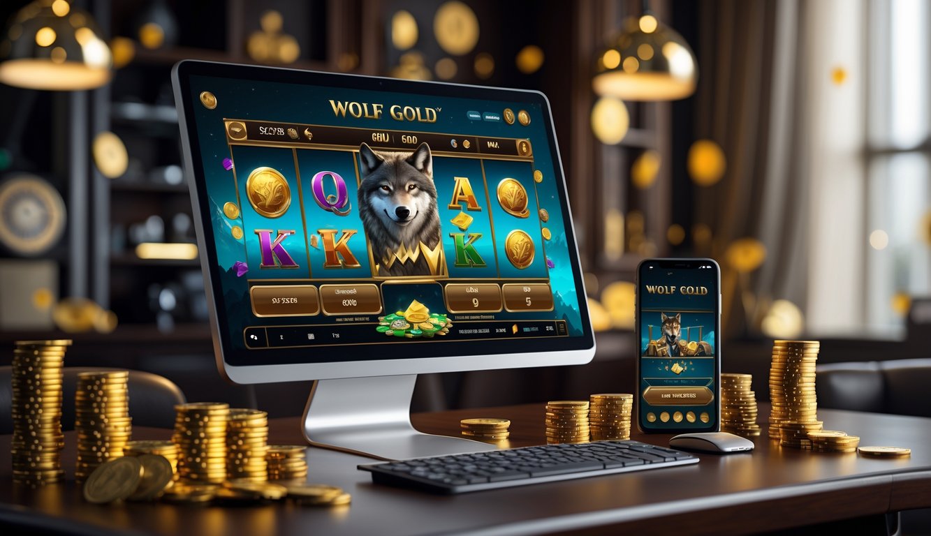 Setup permainan slot online dengan komputer dan ponsel menampilkan permainan Wolf Gold, di atas meja kayu dengan chip poker dan koin emas.