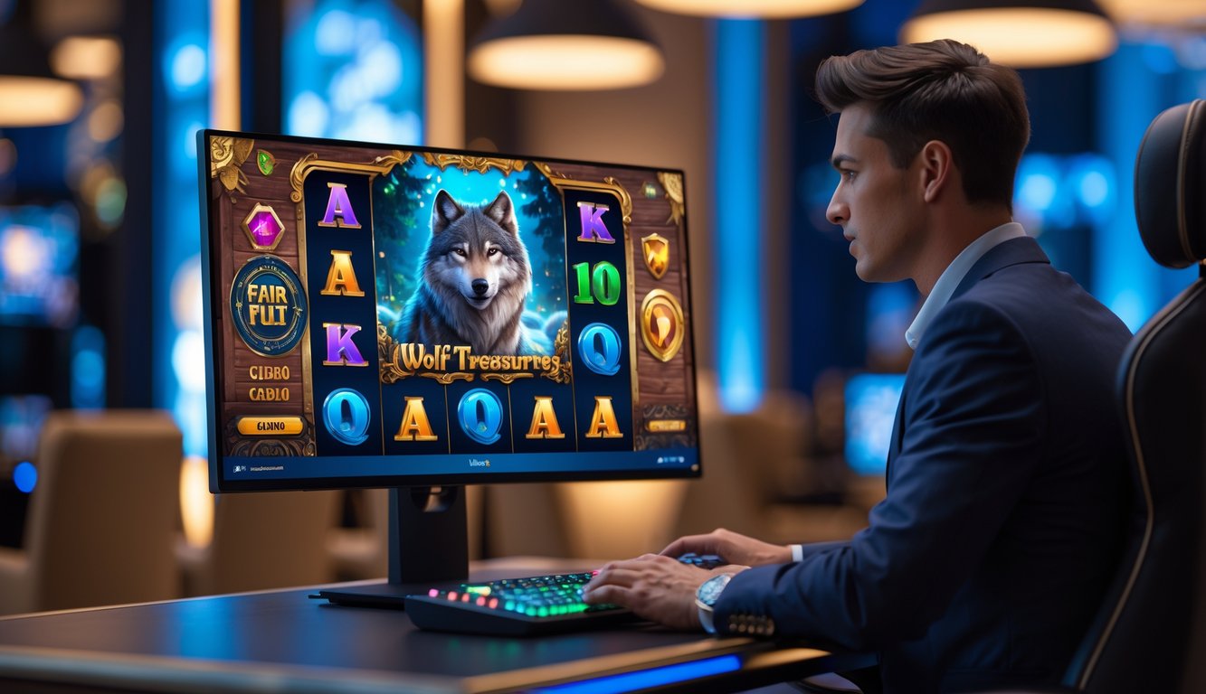 Seseorang duduk di depan komputer dengan permainan slot online bertema serigala dan harta karun emas, di ruang yang terang dan nyaman.
