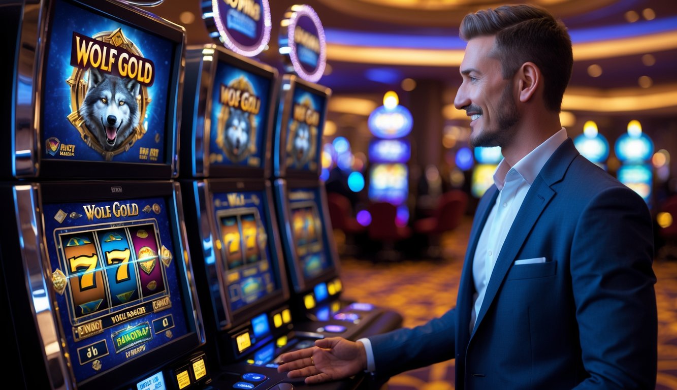 Seorang agen kasino profesional berdiri di dekat mesin slot dengan lampu digital, berinteraksi dengan pemain dalam suasana kasino yang terang dan aman.