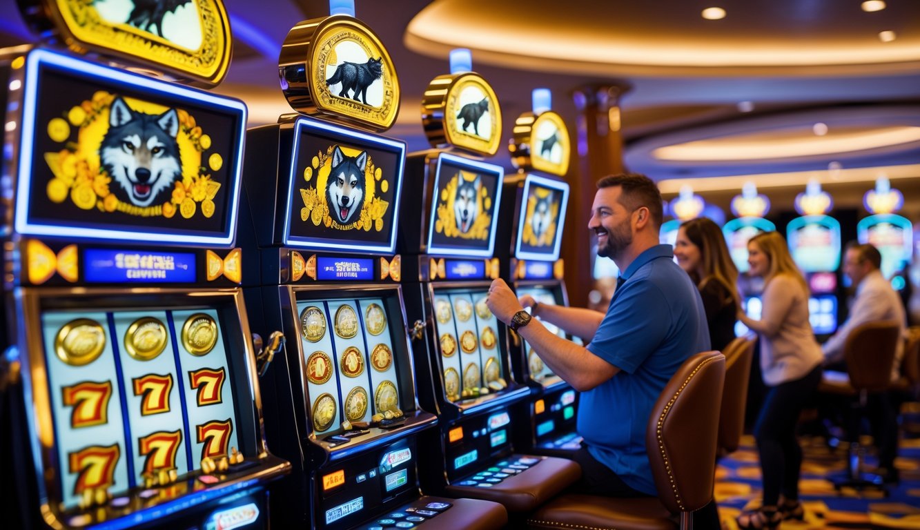 Orang-orang sedang bermain mesin slot bertema serigala dan emas di dalam kasino yang terang dan ramai.