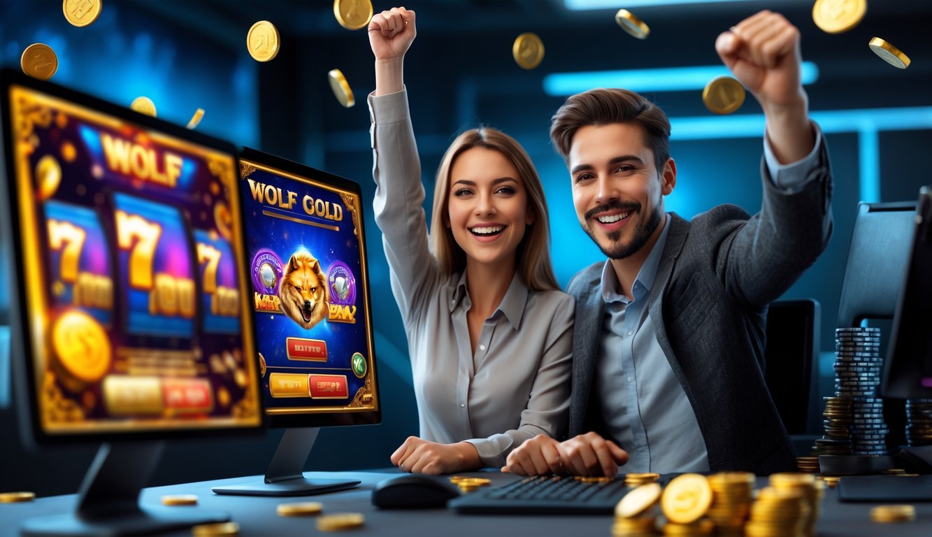 Dua orang muda sedang merayakan kemenangan permainan slot online di depan perangkat digital di ruangan modern.