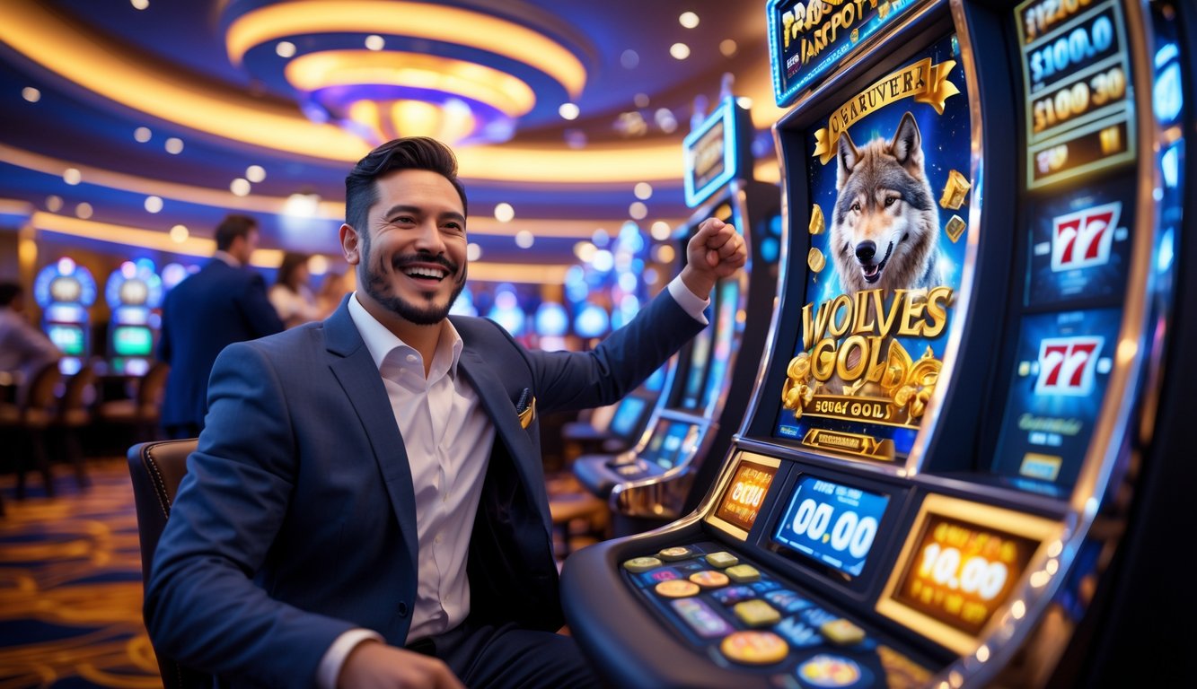 Seorang pemain slot yang sedang merayakan kemenangan besar di mesin slot bertema serigala dan emas di dalam kasino modern.