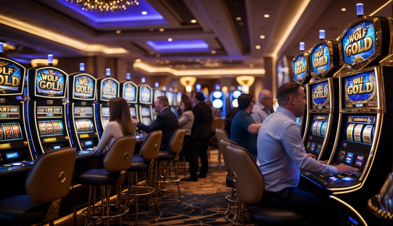 Suasana lantai kasino dengan mesin slot Wolf Gold yang menyala dan pemain yang terlihat antusias.