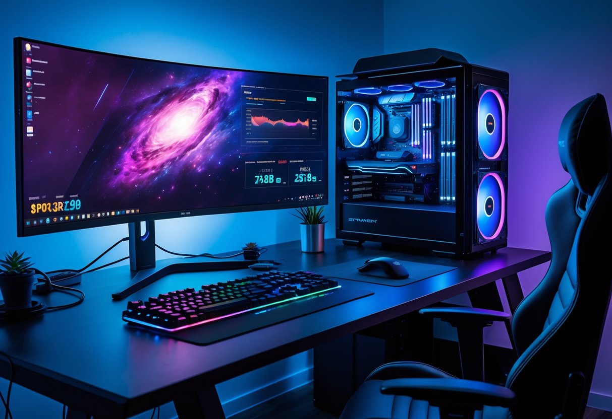 A modern gaming setup with a large curved monitor, mechanical keyboard, gaming mouse, and a transparent PC case with RGB lighting on a clean desk.