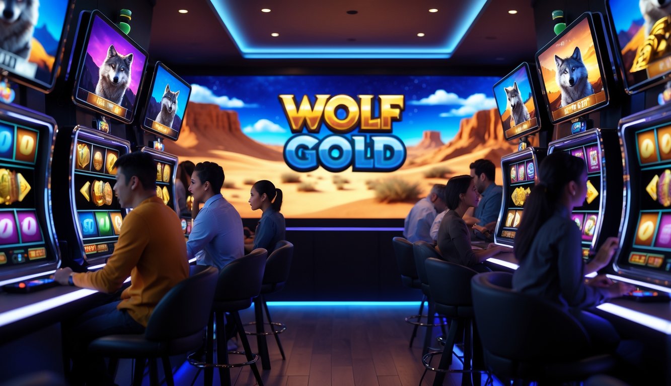 Orang-orang bermain mesin slot digital dengan tema Wolf Gold di ruang permainan modern dan cerah.