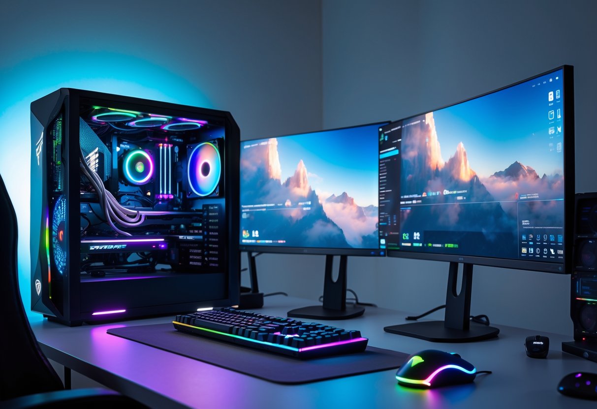 A modern gaming setup with a high-end PC, multiple monitors, keyboard, and mouse on a clean desk.