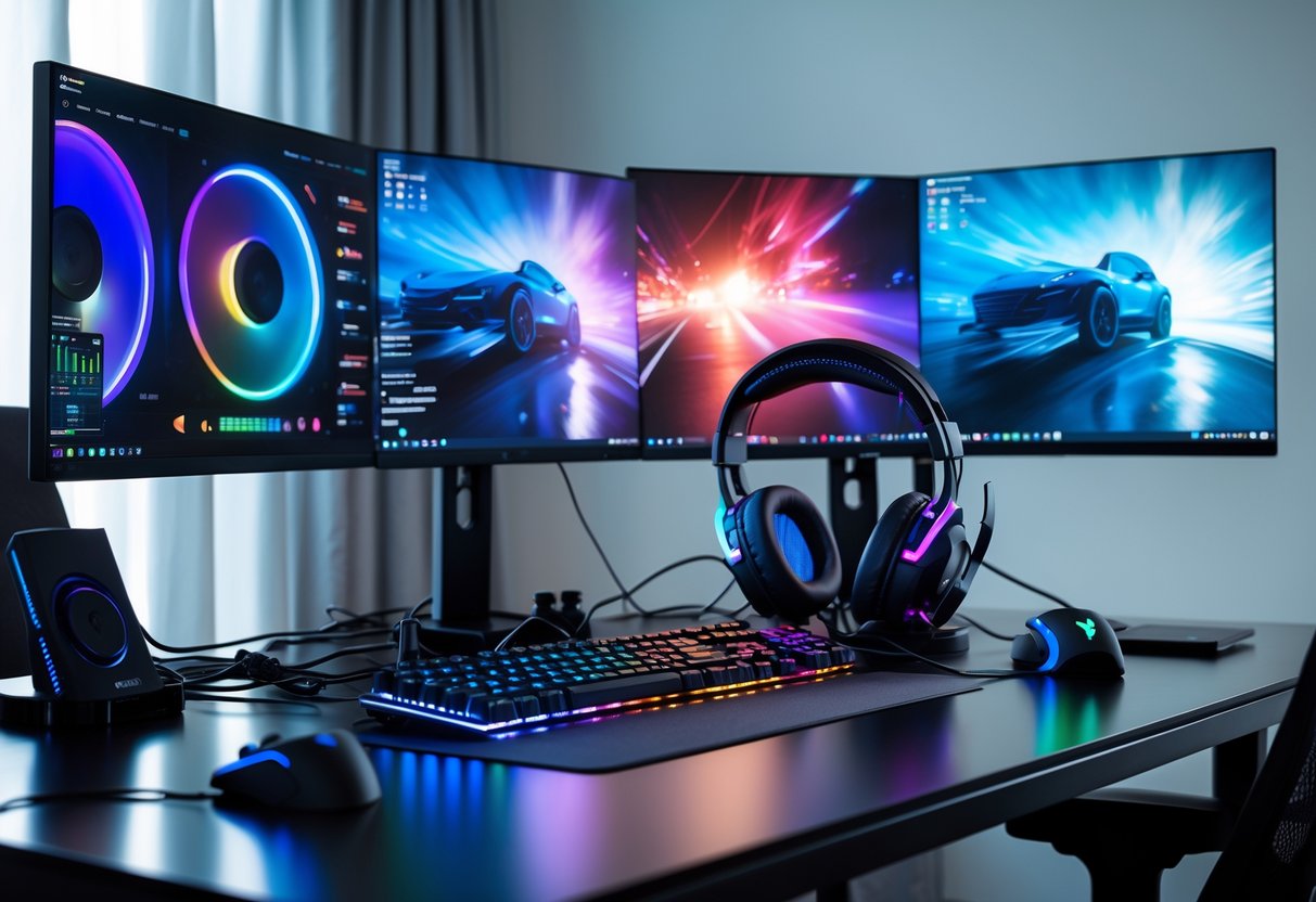 A modern gaming setup with multiple monitors, a mechanical keyboard, gaming mouse, headset, and organized desk in a well-lit room.