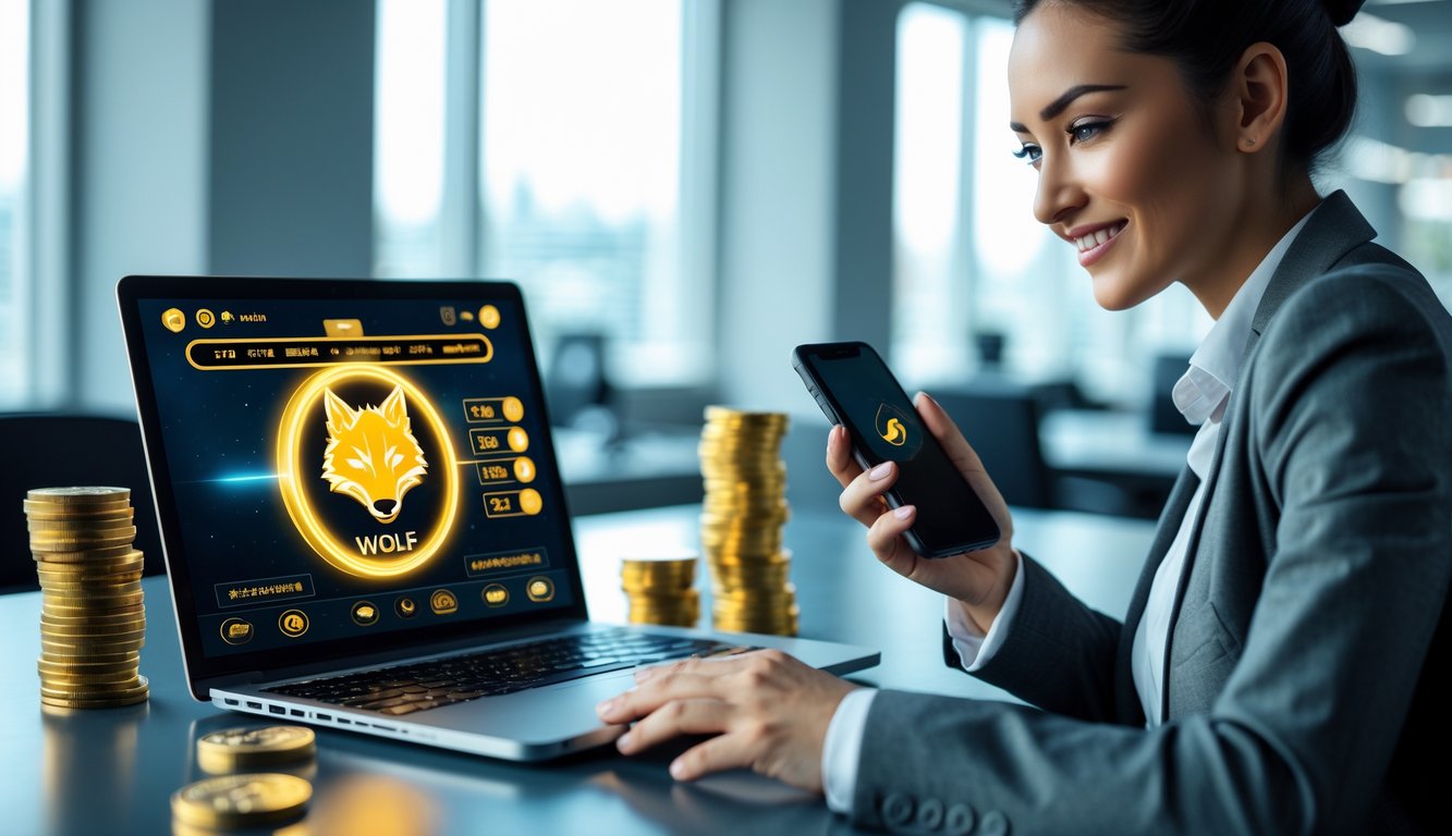 Seseorang menggunakan laptop dan ponsel di kantor modern dengan layar komputer menampilkan simbol serigala emas dan tumpukan koin di dekatnya.