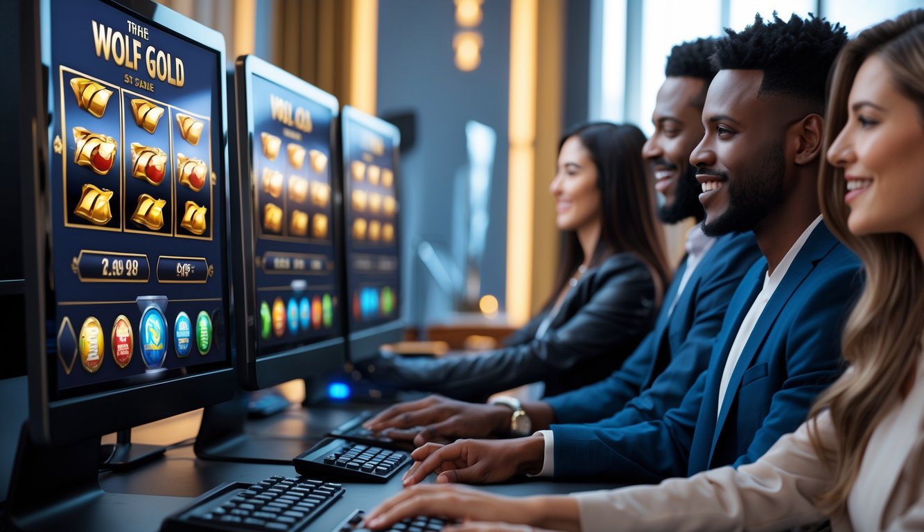 Sekelompok orang menggunakan komputer dan ponsel untuk bermain mesin slot Wolf Gold di lingkungan kasino modern.