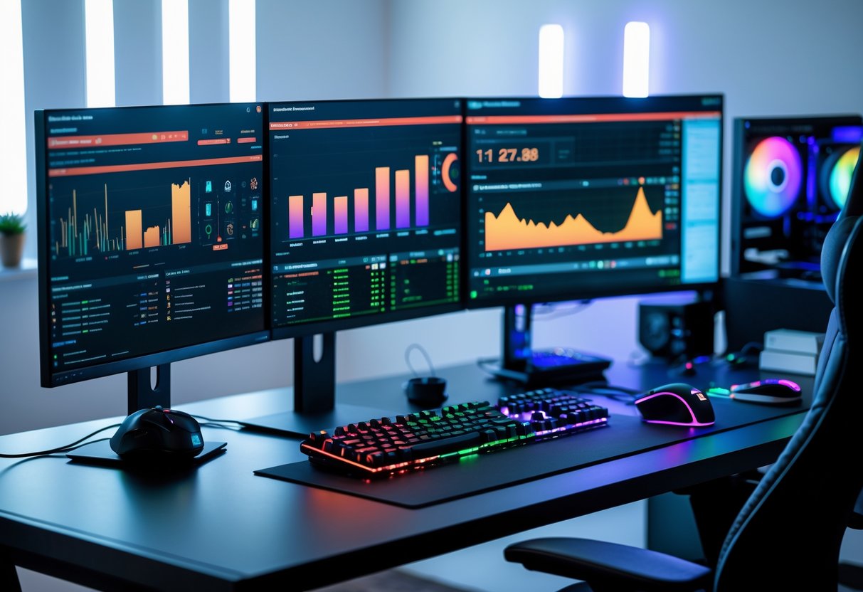 A modern gaming setup with multiple monitors showing system performance graphs and gaming visuals, a mechanical keyboard with RGB lighting, and a gaming mouse on a clean desk.