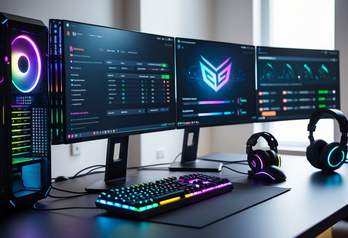 A modern gaming setup with a desktop computer, multiple monitors showing graphics settings, a keyboard, mouse, and headphones on a desk in a tidy room.