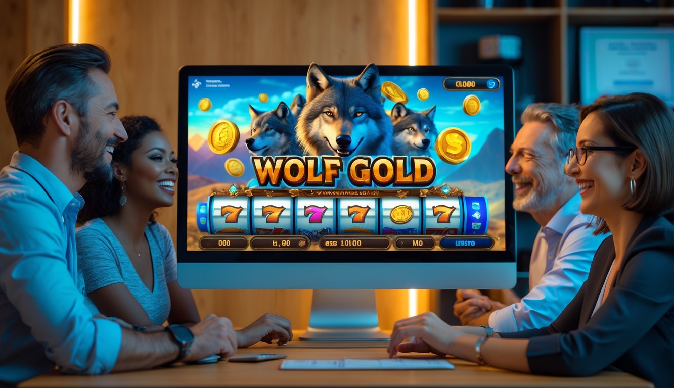 Orang-orang sedang bermain permainan slot online Wolf Gold di ruang kerja modern dengan suasana yang percaya dan menyenangkan.