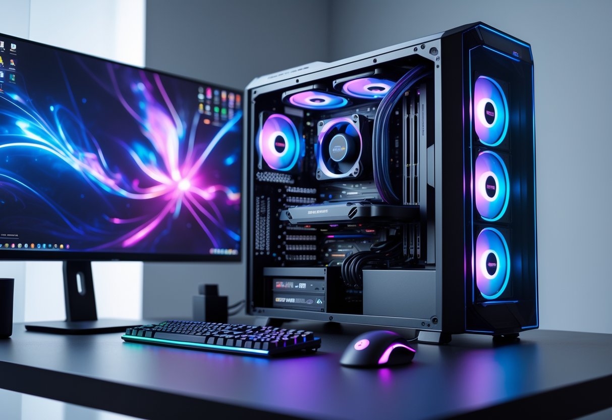 A modern gaming setup with a transparent PC case showing cooling fans and liquid cooling tubes, a monitor, keyboard, and mouse on a clean desk.