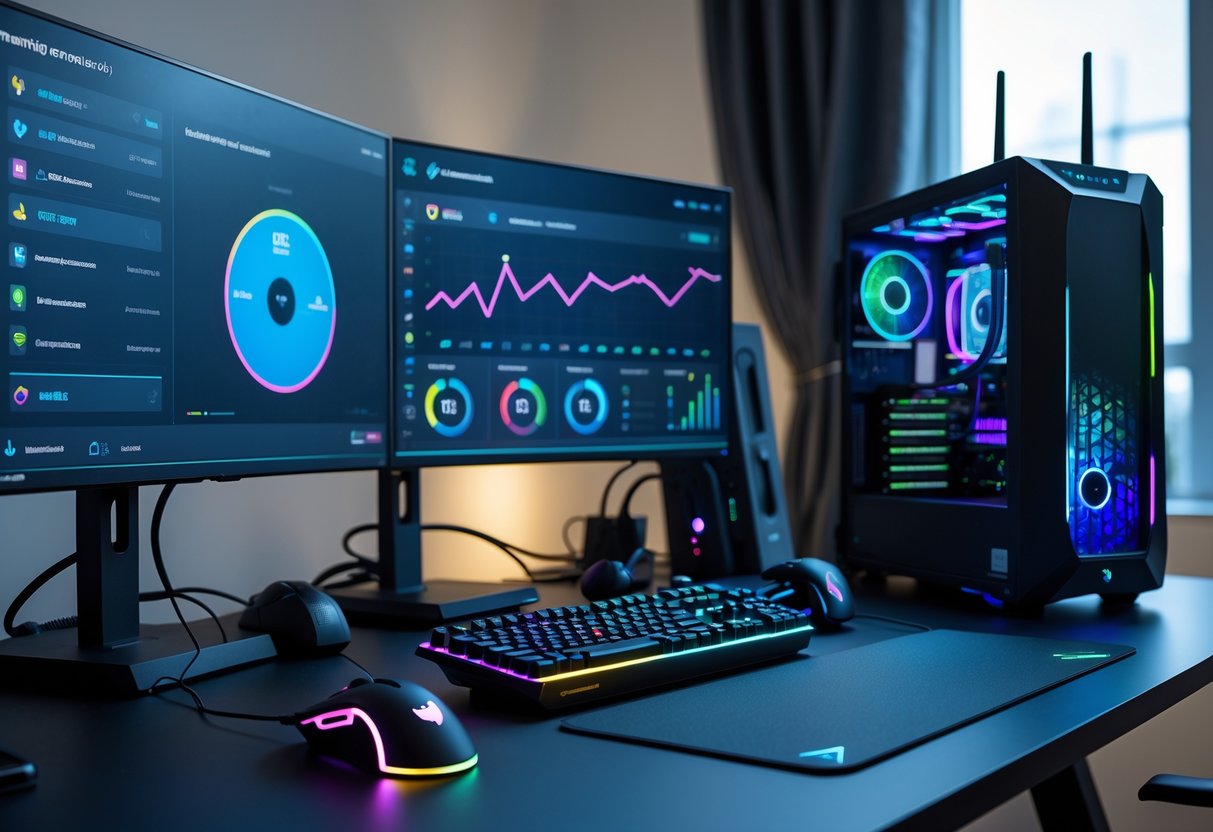 A gaming desk with multiple monitors showing network performance, a gaming PC, router with cables, and gaming peripherals in a clean, organized setup.