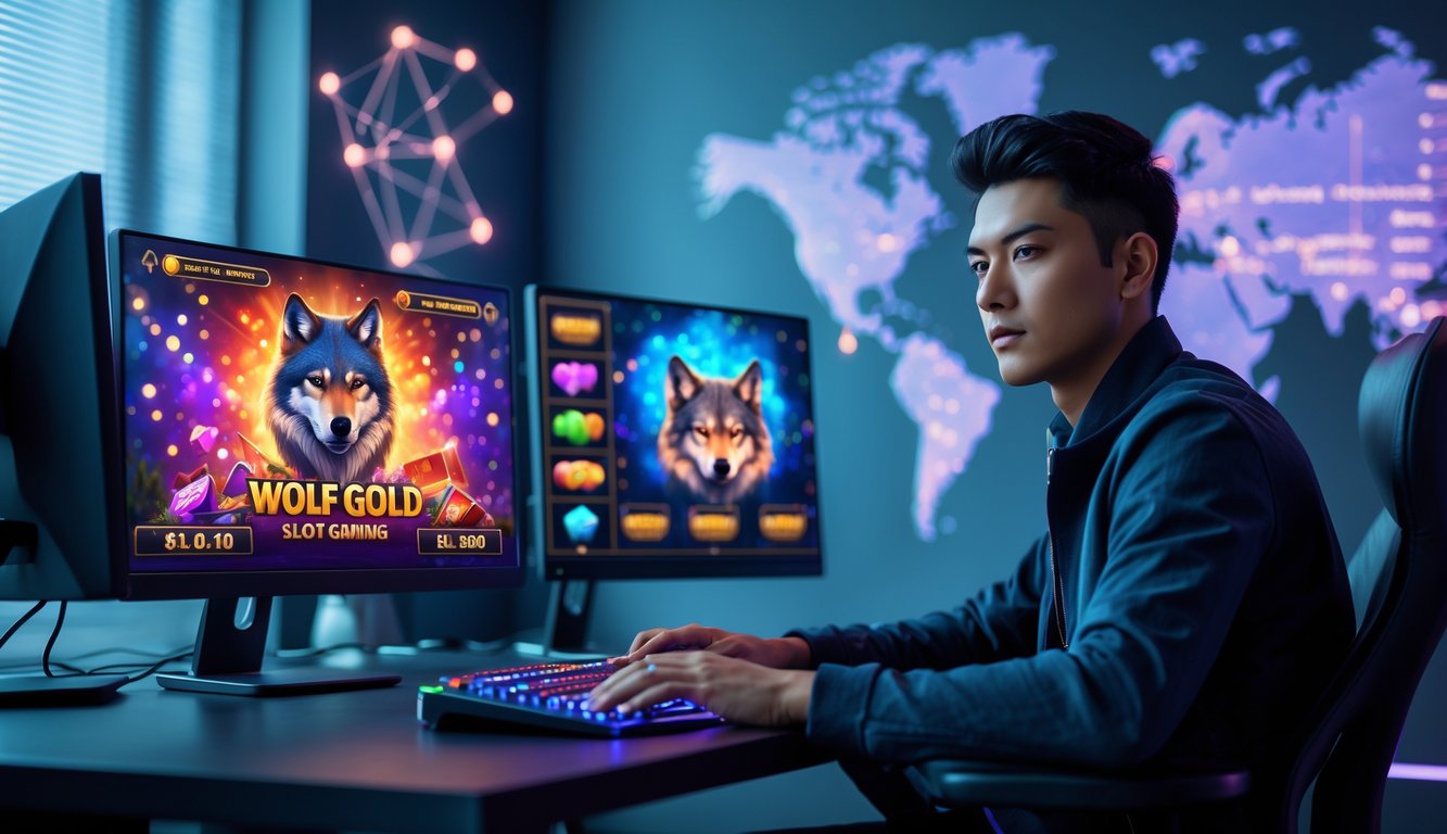 Seorang dewasa muda duduk di depan beberapa layar komputer yang menampilkan permainan slot online dengan tema Wolf Gold, di lingkungan gaming modern yang bersih dan terang.