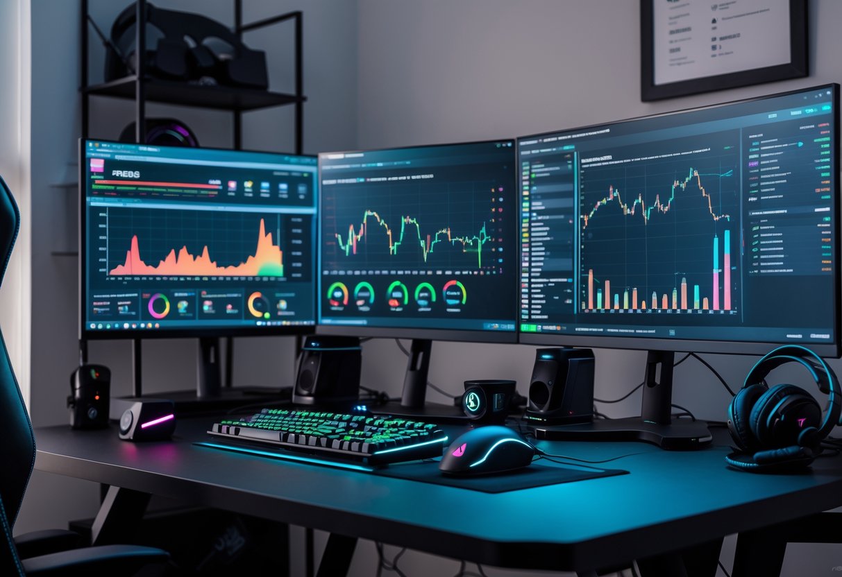 A modern gaming setup with a high-end PC, multiple monitors showing performance graphs, and gaming peripherals arranged on a clean desk.