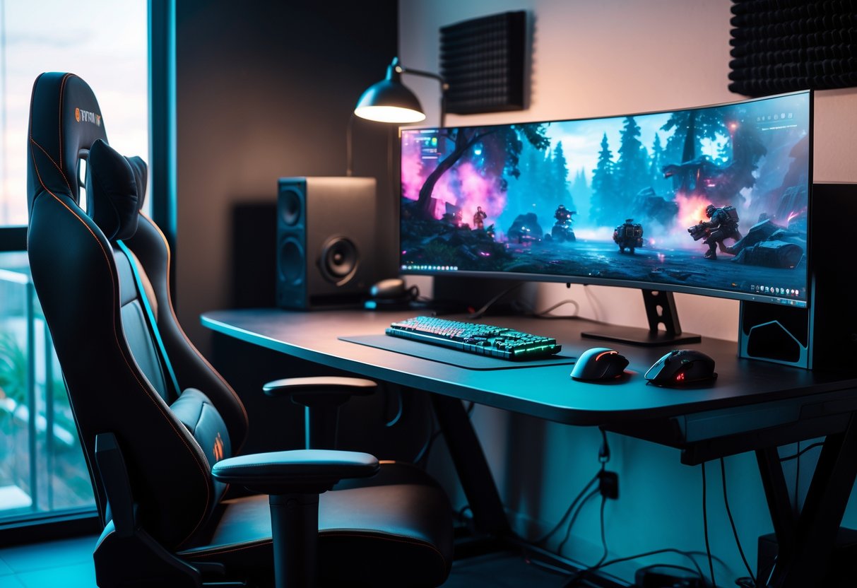 A modern gaming workspace with a curved monitor, mechanical keyboard, ergonomic chair, and ambient lighting designed for comfort and performance.