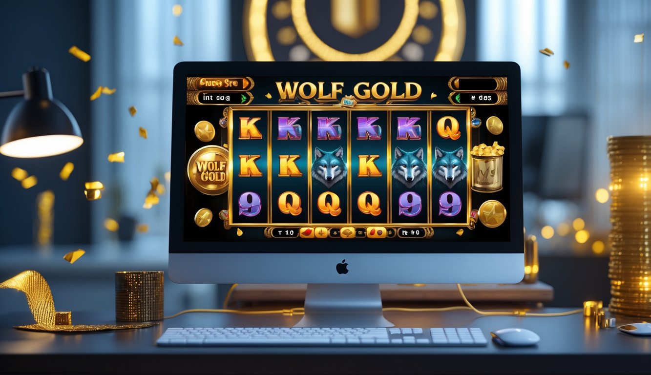Sebuah ruang kerja modern dengan komputer yang menampilkan permainan slot bertema serigala dan emas, dengan suasana yang ceria dan elemen yang menunjukkan keamanan dan kepercayaan.