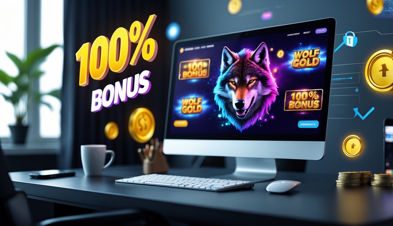Seorang pengguna duduk di depan komputer dengan layar menampilkan permainan slot Wolf Gold, di meja terdapat kopi dan ponsel, suasana ruang kerja yang rapi dan terang.