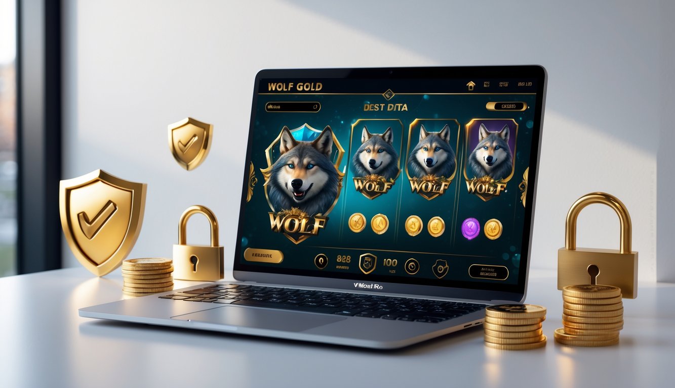 Sebuah komputer modern menampilkan permainan slot dengan tema serigala dan elemen emas, dikelilingi ikon keamanan digital yang menunjukkan sistem keamanan terbaik.