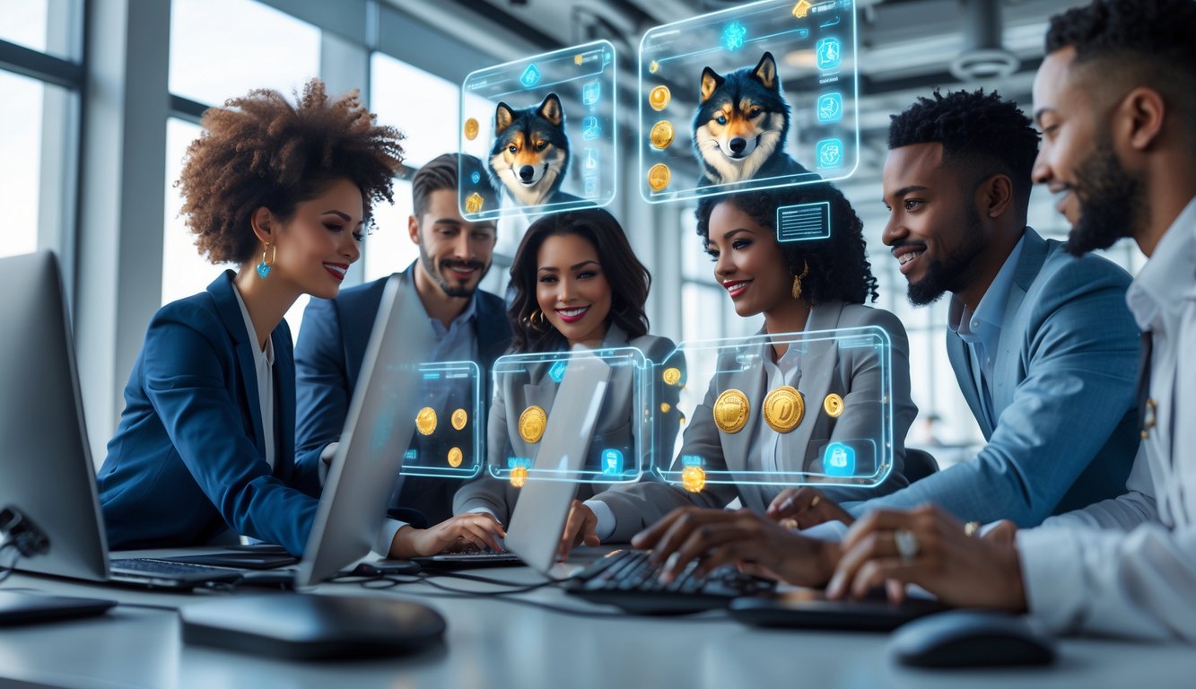 Sekelompok orang bekerja sama di kantor modern dengan layar digital menampilkan elemen permainan slot dan ikon keamanan.