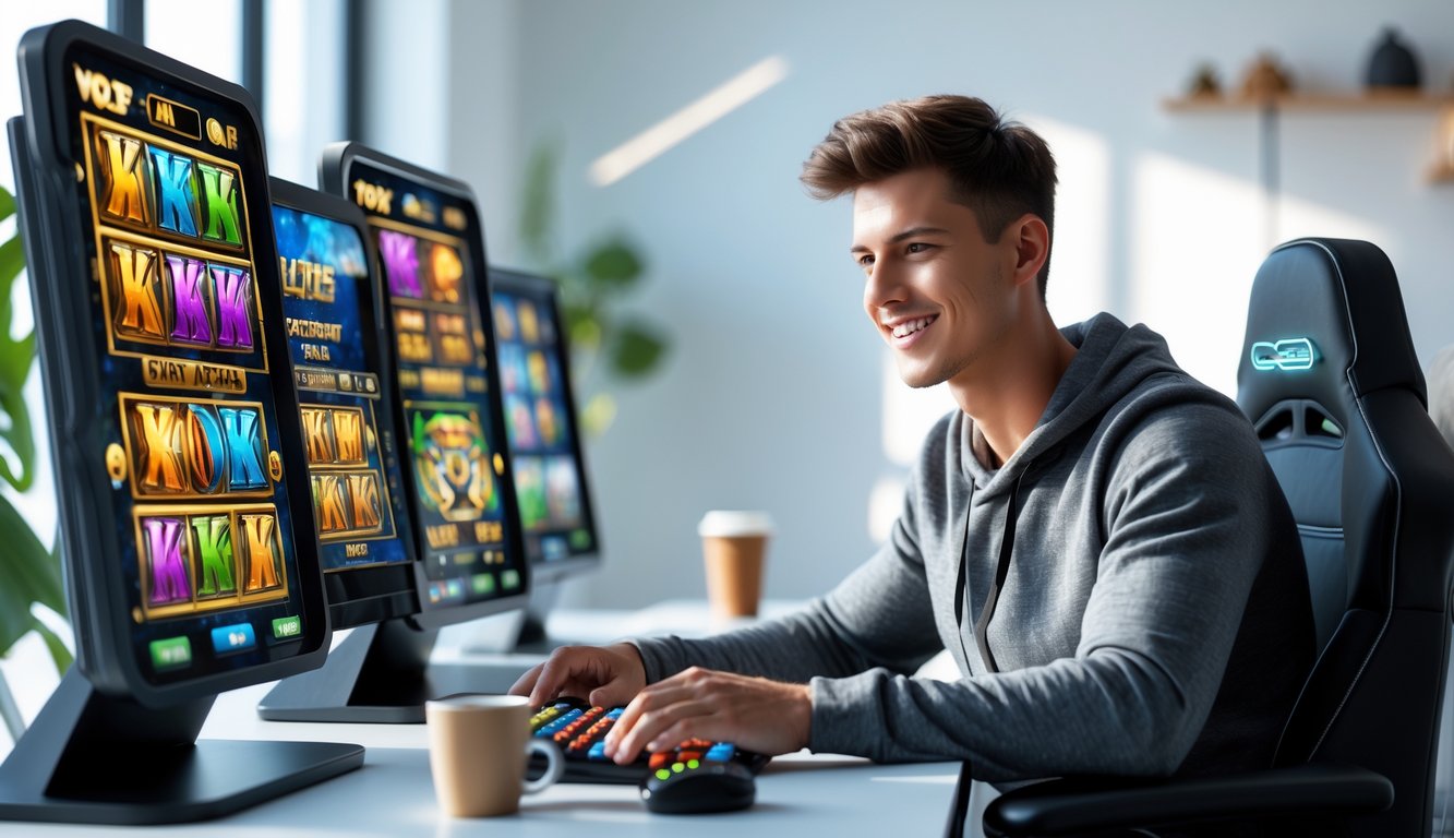 Seorang pria muda duduk di depan komputer dengan layar menampilkan permainan slot bertema serigala dan emas, terlihat fokus dan senang.